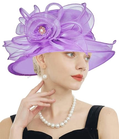 Women's Kentucky Derby Church Dress Hat Wide Brim Leaf Flower Bridal Shower Hat - color: F4 Purple