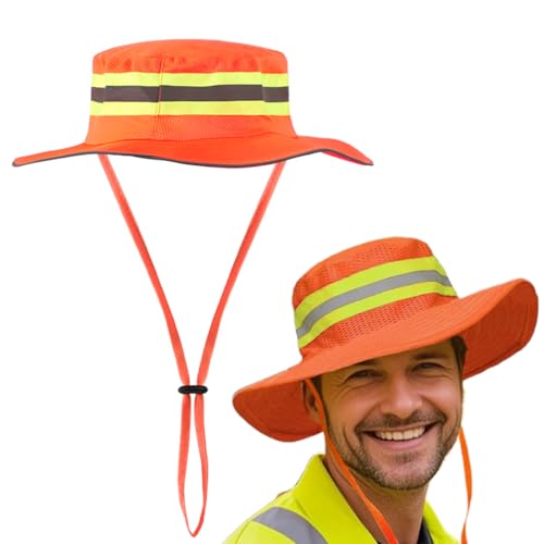 High Visibility Reflective Sun Hat Mesh Work Safety Boonie Hat UPF50+ Wide Brim Bucket Cap for Outdoor Hiking Men Women - color: Orange