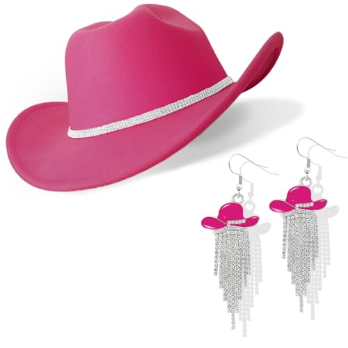 Cowboy Hat Rhinestone Cowgirl Boots Earrings Set Western Earring Felt Fedora Jazz Hat Rodeo Outfit for Women Size M - color: Tassel Rose Red