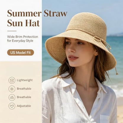 Straw Bucket Hats for Women Beach Sun Hat Foldable Packable Handmade Sun Protection Floppy Travel - color: Beige-brim3.9"