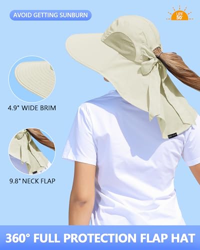 Womens Sun Hat Outdoor UV Protection Wide Brim Fishing Hat with Ponytail Hole Neck Flap for Beach Hiking Camping - color: Beige