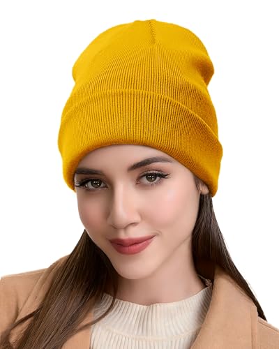 ROYBENS Satin Lined Beanie Hat for Women Men, Wool Knit Cuffed Winter Hats - color: 1pcs Yellow