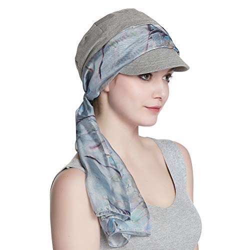 Alnorm Breathable Cotton Hat and Scarf Set Chemo Headwear for Women - color: Light Gray Floral
