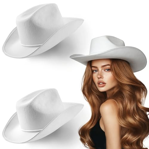 MEMOVAN Cowgirl Hat for Women Girls Western Cowboy Cowgirls Hats Felt Cowboy Hat Retro Wide Brim Western Hat - color: White-2pcs