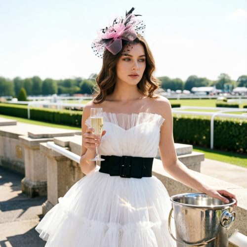 DRESHOW Fascinators Hat Flower Mesh Ribbons Feathers on a Headband and a Clip Tea Party Headwear for Girls and Women - color: 7" Diameter / Black & Pink