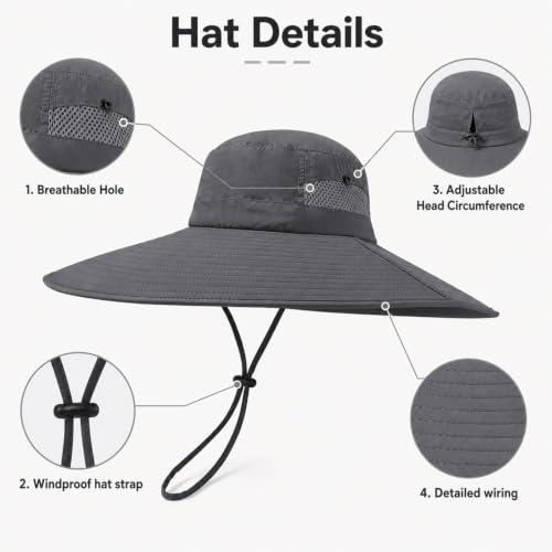Wide Brim Sun Hat for Men Women UV Protection Bucket Fishing Hats - color: Dark Gray Solid
