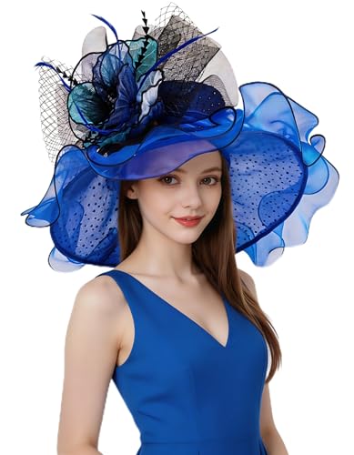 Organza Church Derby Hats for Women Wedding Tea Party Fascinator Floral Wide Brim Sun Hat - color: Style07 Royal Blue Black