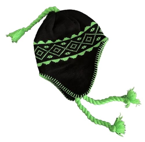 Nayt Men's Peruvian Helmet Style Earflap Strings Beanie Knit Hat - color: Black Neon Green