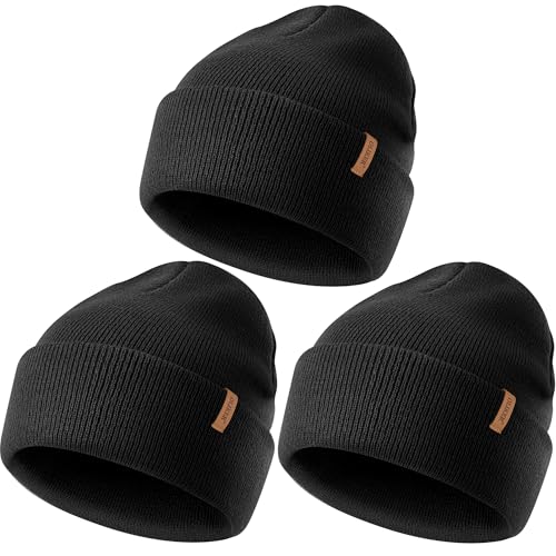 Beanie for Men Women, Winter Double Layer Warm Hat Skull Cap - color: Black+black+black