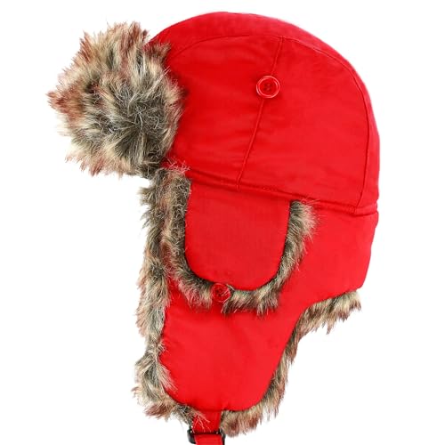 Faux Fur Safety Reflective Plain Plaid Aviator Trapper Hat Snow Ski Trooper Winter Cap - color: 1. Plain - Red, size: Small-Medium