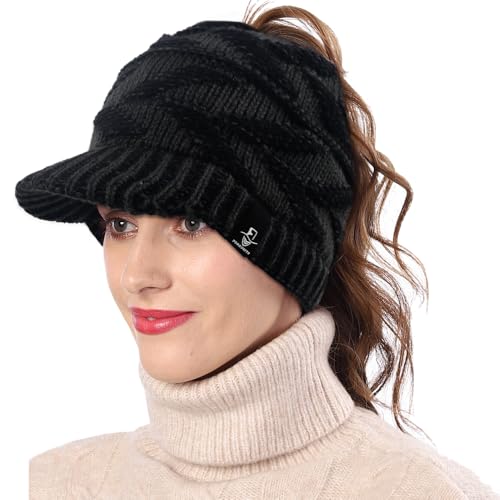 Women's BeanieTail Warm Knit Hat Messy High Bun Ponytail Visor Beanie Cap - color: B341-grey, size: Medium