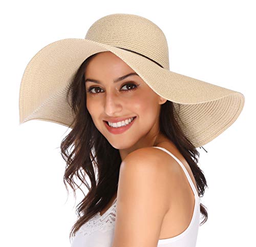 Lanzom Womens Wide Brim Straw Hat Big Floppy Foldable Roll up Cap Beach Sun Hat UPF 50+ - color: Beige