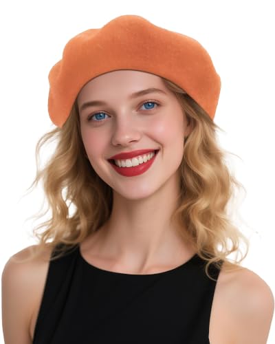 French Beret Hats for Women - Wool Solid Color Beanie Cap - color: Light Orange