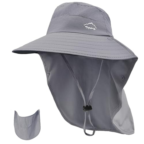 Rosoz Sun Hat for Men Women with Neck Flap& Removable Face Cover Wide Brim - color: 1pack-dark Grey