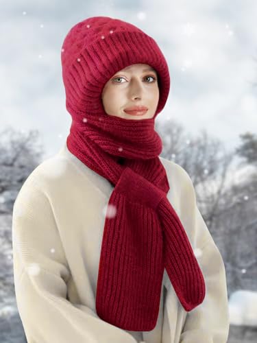 Sumolux Integrated Ear Protection Windproof Cap Scarf Elastic Knitting - color: Wine Red