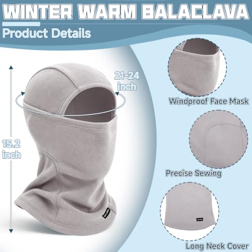 Balaclava Ski Mask for Men Women, Warm Fleece Face Mask Full Cover for Cold Weather Skiing Cycling, Ponytail Friendly - color: Light Grey