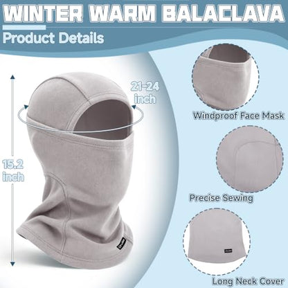 Balaclava Ski Mask for Men Women, Warm Fleece Face Mask Full Cover for Cold Weather Skiing Cycling, Ponytail Friendly - color: Light Grey