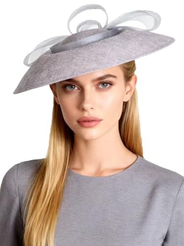 Wide Brim Church Hat for Women - Elegant Kentucky Fascinator with Bow Mesh,Bridal Wedding Tea Party Derby Formal Top Hats - color: Gray