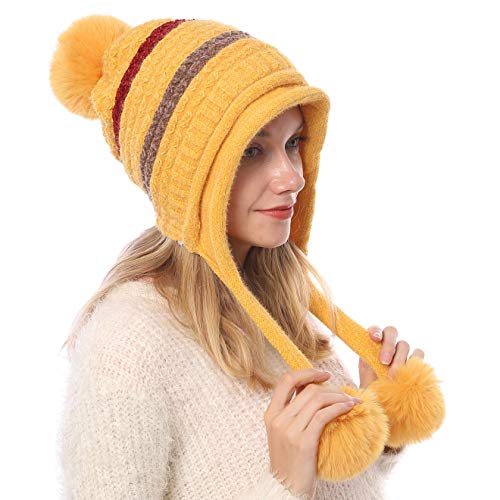 HUAMULAN Women Winter Sherpa Beanie Hats Knit Fleece Lined Ear Flaps - color: Yellow