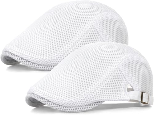 2 Pack Men's Mesh Cap Breathable Summer Newsboy Hat Adjustable Beret Ivy Cap Irish Cabbie Driving Hunting Hats - color: White/White