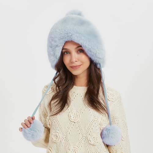 Winter Hats Cute Kint Hat Russian Fur Crochet Hat Slouchy Beanies with Pompom Warm Fuzzy Snow Cap Trapper Hat for Women - color: Light Blue