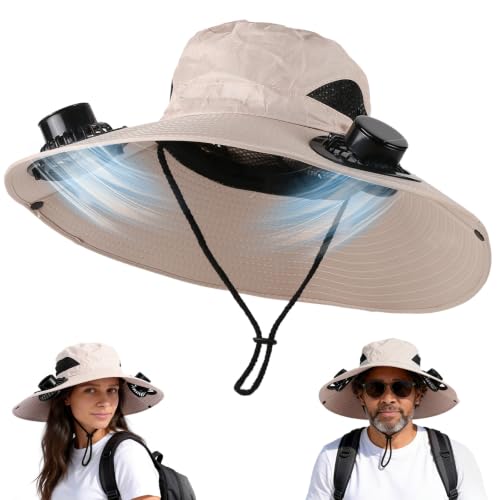 Hat with Fan Wide Edge, Waterproof Solar Powered Fan Hat with 2 Solar Fans 3-Speed Adjustable for Men and Women - color: Off-white