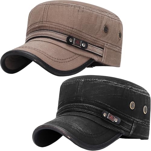 Cadet Army Hat 2 Pieces Flat Top Cap Unisex Military Hat for Women Men - color: Black E + Brown E
