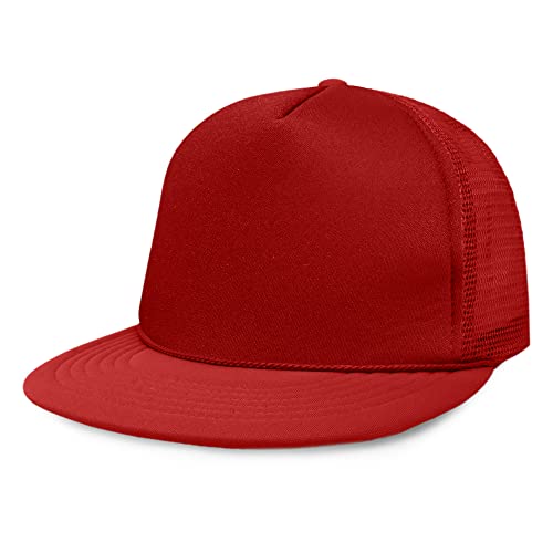 DALIX Flat Billed Trucker Hat Mesh Back S M L Adjustable Cap Solid Two Toned Snapback - color: Red, size: One Size
