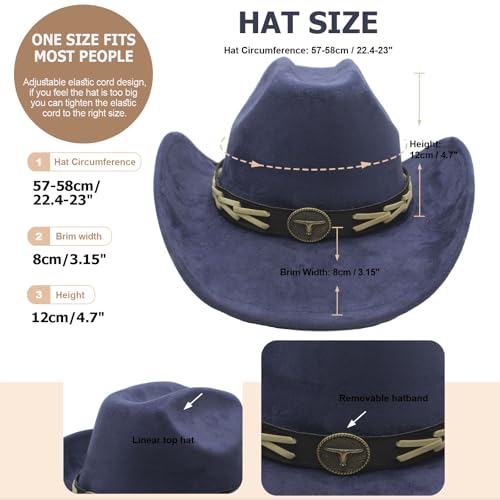 Western Cowboy Hat for Women Men with Band Wide Brim Suede Cowboy Cowgirl Hat Western Style Hat - color: Navy Blue