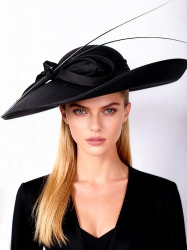 Big Wide Brim Fascinator Hats for Women Ladies Kentucky Tea Party Dress Flat Top Fedoras Hat with Bow Feather - color: Black