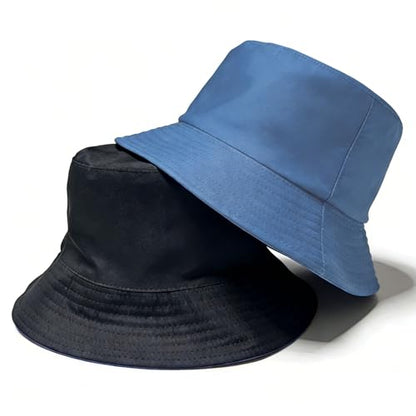 Bucket Hat for Men and Women 2-in-1 Reversible Sun Protection Fashion Flat Top Cap for Fishing Travel Beach Sports - color: Blue-black