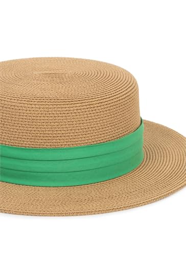 Straw Boater Summer Sun Hat - Wide Brim Fedora Panama Beach Hat for Women - color: Green Band