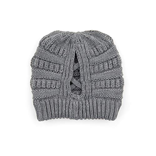 C.C Exclusives Soft Stretch Cable Knit Messy Bun Ponytail Beanie Winter Hat for Women (MB-20A) - color: 0 Criss-cross Lt Mel Grey