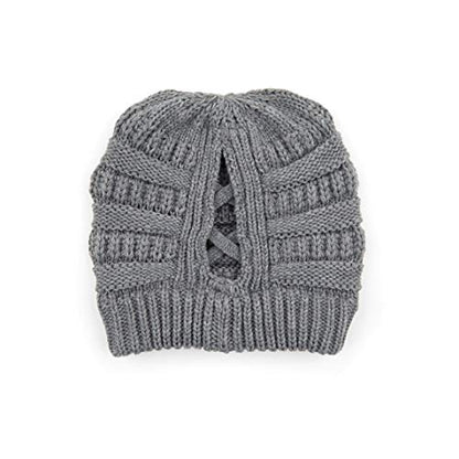 C.C Exclusives Soft Stretch Cable Knit Messy Bun Ponytail Beanie Winter Hat for Women (MB-20A) - color: 0 Criss-cross Lt Mel Grey
