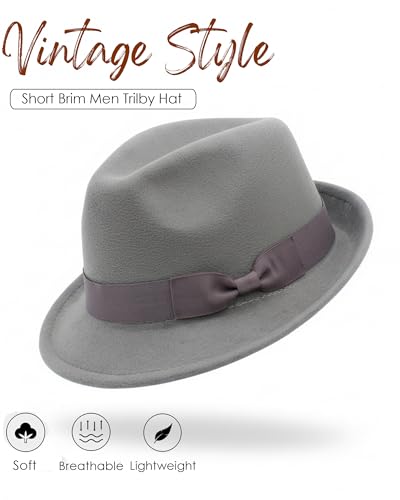 Fedora Hats for Men Women 1920s Short Brim Felt Trilby Hat - color: Light Grey
