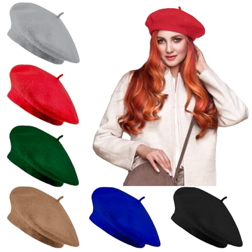 Jolbndcv 6PCS Beret, French Beanie, Outdoor, Winter, Fashion Lady Hat - color: Black, Bright Red, Camel, Dark Green, Navy Blue, Light Gray