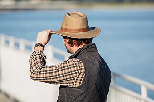 Dorfman Hat Co. - Saguaro -Men’s Twill Outback Hat -Garment Washed Twill -Faux Leather Band - UPF 50+ - color: Khaki, size: Large