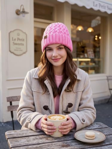 Winter Hats for Women Cable Knit Chunky Skull Cap Fleece Lined Thick Fold Cuff Beanie hat - color: Pink, style: Pineapple