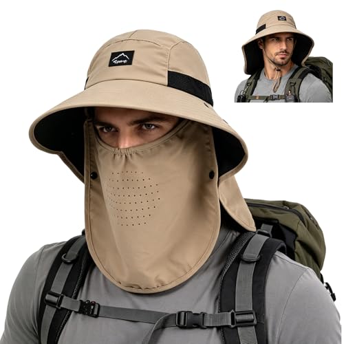 Outdoor Sun Hat for Men Women, UPF 50+ Safari Cap Fishing Hat with Detachable Face Cover & Neck Flap Beach Garden Hiking - color: 1pack-khaki
