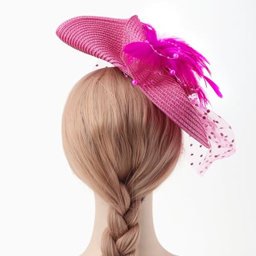 DRESHOW Fascinators Hat Flower Mesh Feathers Hat with a Headband and a Clip 7.9" Tea Party Headwear for Women - color: Folded Style 1: Rose Red / 7.9"