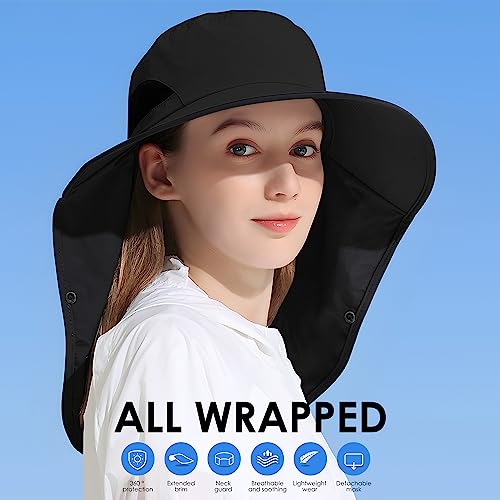 Outdoor Sun Hat Detachable Neck Face Flap UPF 50+UV Protection Visor Fishing Hats with Neck Flap for Men & Women - color: Black
