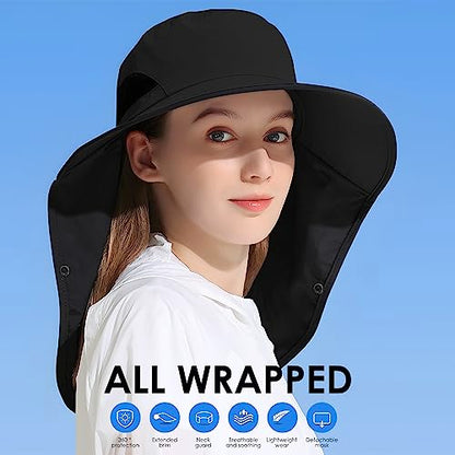 Outdoor Sun Hat Detachable Neck Face Flap UPF 50+UV Protection Visor Fishing Hats with Neck Flap for Men & Women - color: Black