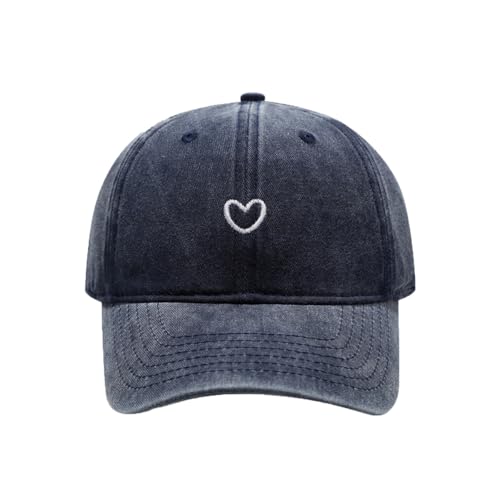 Women's Cute Heart Embroidered Baseball Cap Adjustable Vintage Washed Cotton Low Profile Dad Hat - color: Navy Blue