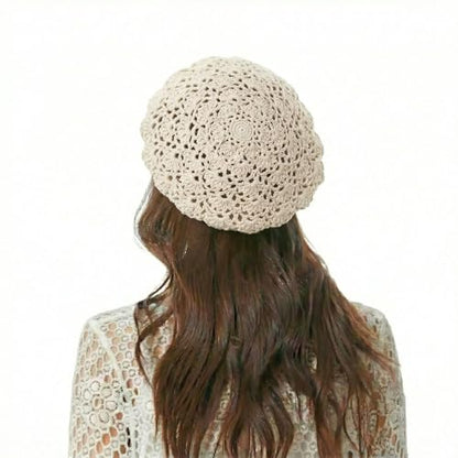 ZLYC Women Cotton Slouchy Crochet Beret Handmade Cutout Floral Beanie Hat - color: Crocheted White