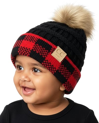 Funky Junque Baby Pom Pom Beanie – Soft Knit Infant Winter Hat for Baby Girls & Boys, Cozy Warm Newborn Beanie 0–12 Months - color: Buffalo Check - Black/Red