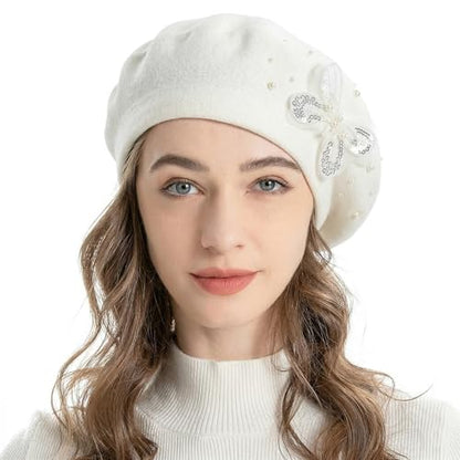 ZLYC Women French Beret Hat Reversible Solid Color Mosaic Warm Artist Cap - color: Butterfly White