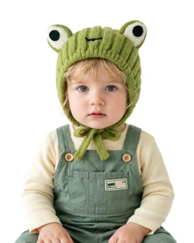 AMPOSSTO Baby Knitted Earflap Beanie Hat Cute Frog Winter Warm Ear Protection Skull Caps with Big Eyes for Boys Girls - color: Green