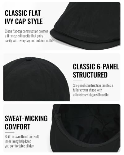 CLAPE Lightweight Breathable Flat Hat, Water-Resistant Newsboy Cap - color: Nb2609-black
