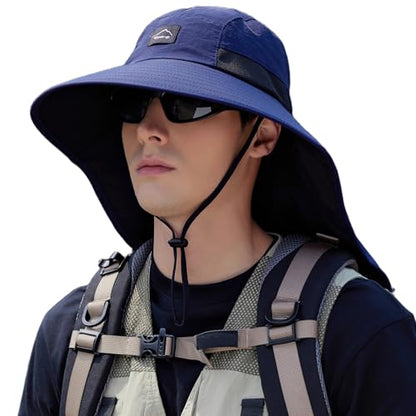 HUAMULAN Women Wide Brim Summer Sun Hat Ponytail Hole with Neck Flap - color: Navy With Black Mesh
