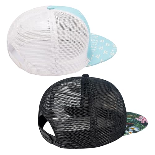 BASSDASH 2 Pack Flat Brim Trucker Cap Adjustable Snapback Hat Mesh Back for Men Women Fishing Hunting - color: Pack of 2, Turquoise & Black/Tropical Flower